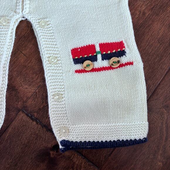 Grandma Nes Boys 6 Month Hand Knit Outfit Cream Trains Romper - Picture 7 of 8